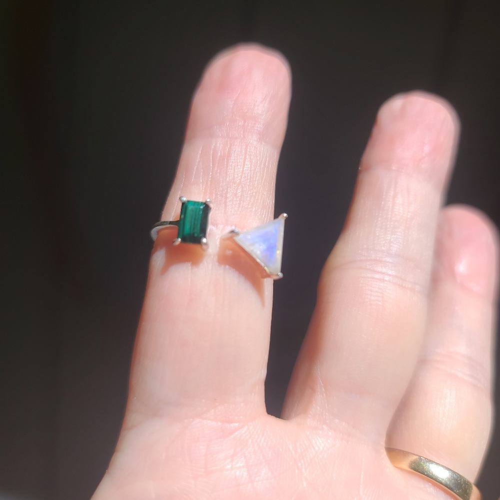 Moonstone & Malachite geometric open design sterling rung sz7 adjustable - Picture 4 of 8
